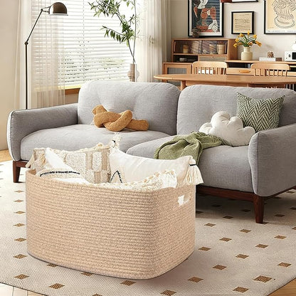 Large 75L Woven Laundry Basket, Collapsible Cotton Rope Storage Hamper for Blankets, Toys, Dirty Clothes, Rectangle Nursery Basket for Living Room, Bedroom, Baby Room - Brown