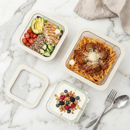 Urban Green Glass Food Container Set with Glass Lid, 3 Pack, Meal Prep Containers with Silicone Framed Airtight Lid, Leakproof, 100% Plastic Free,