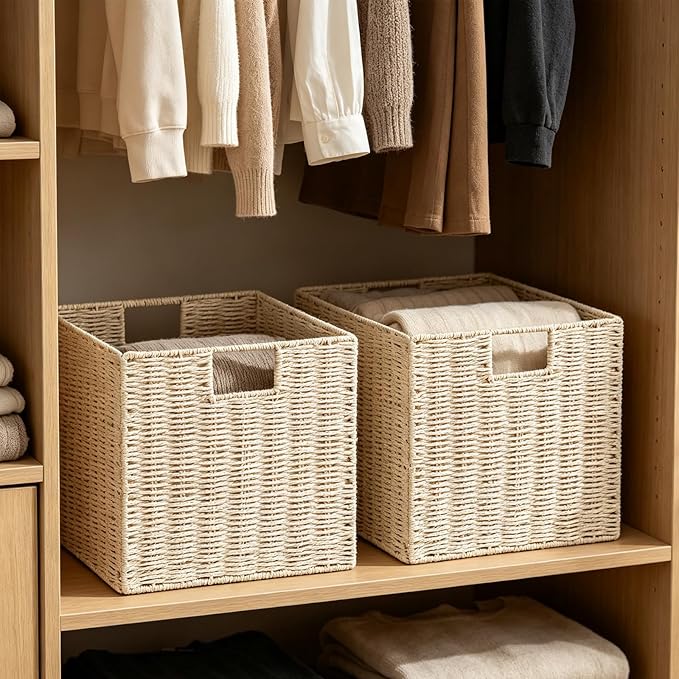 Vagusicc Wicker Storage Basket, Set of 2 Hand-Woven Paper Rope Storage Baskets, Foldable Cube Storage Organizer Bins, 11 Inch Wicker Storage Baskets for Shelves and Decor, Square Storage Basket, Beige