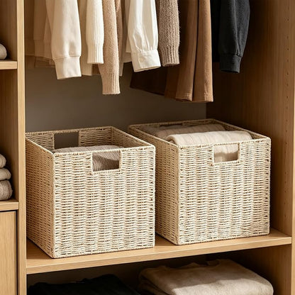 Vagusicc Wicker Storage Basket, Set of 2 Hand-Woven Paper Rope Wicker Baskets, Foldable Cube Storage Bins, Beige Storage Basket, Square Baskets for Organizing Shelves & Decor, Beige(13″×13″×13″)