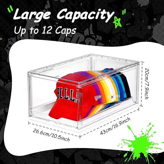 Vtopmart 4 Pack Hat Organizer for Baseball Caps, Clear Hats Holder Box with Drawer, Large Cap Storage with Sliding Tray, Stackable Rack Display Case with Magnetic Door, Each Holds 12 Hats
