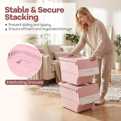 Giantex Plastic Stackable Storage Bins with Lids & Wheels, 3 Pack Open Front Stacking Bins, Organizer Bins for Pantry, Kitchen, Laundry, Closet, Playroom, Bedroom Organization (35 QT)