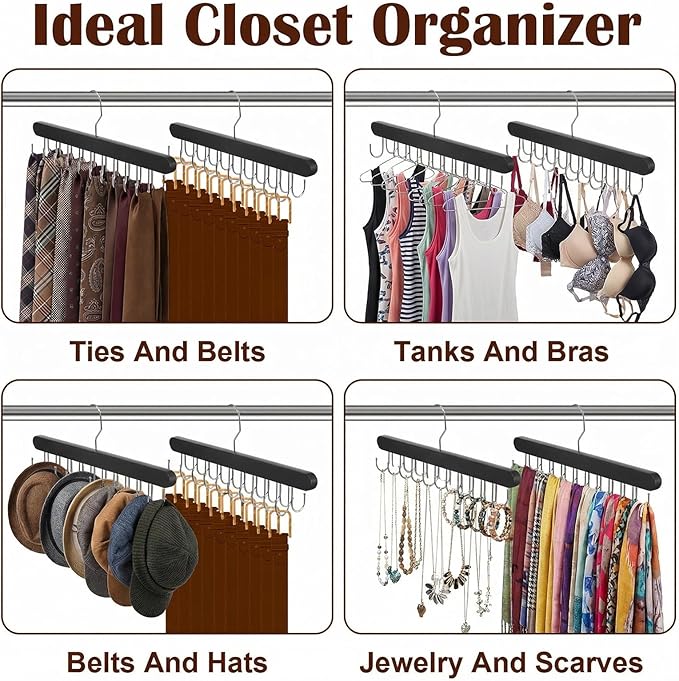 4 Pack Tie Rack and Belt Hanger 2 in 1, Wooden Tie Organizer for Closet with 20 Foldable Hooks, Space Saving Necktie Holder and Belt Organizer, Black
