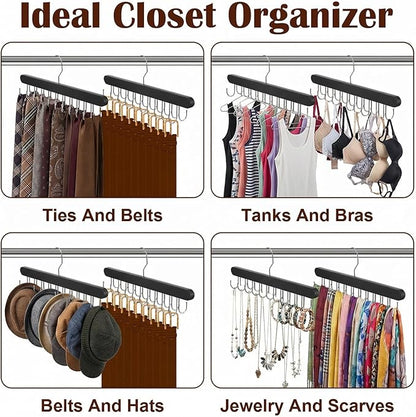 4 Pack Tie Rack and Belt Hanger 2 in 1, Wooden Tie Organizer for Closet with 20 Foldable Hooks, Space Saving Necktie Holder and Belt Organizer, Black