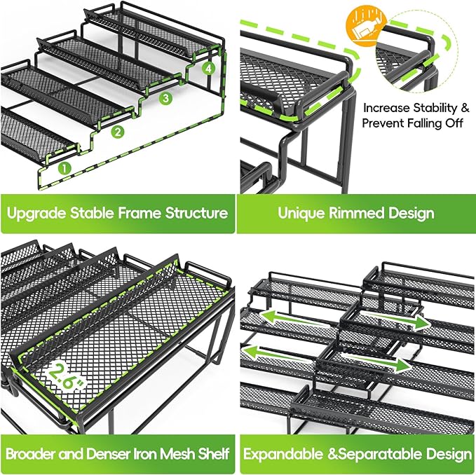 4 Tier Spice Rack Organizer for Cabinet, Black (2 PCS S&L) Seasoning Organizer Rack for Inside Cabinets, Countertop, Pantry Storage