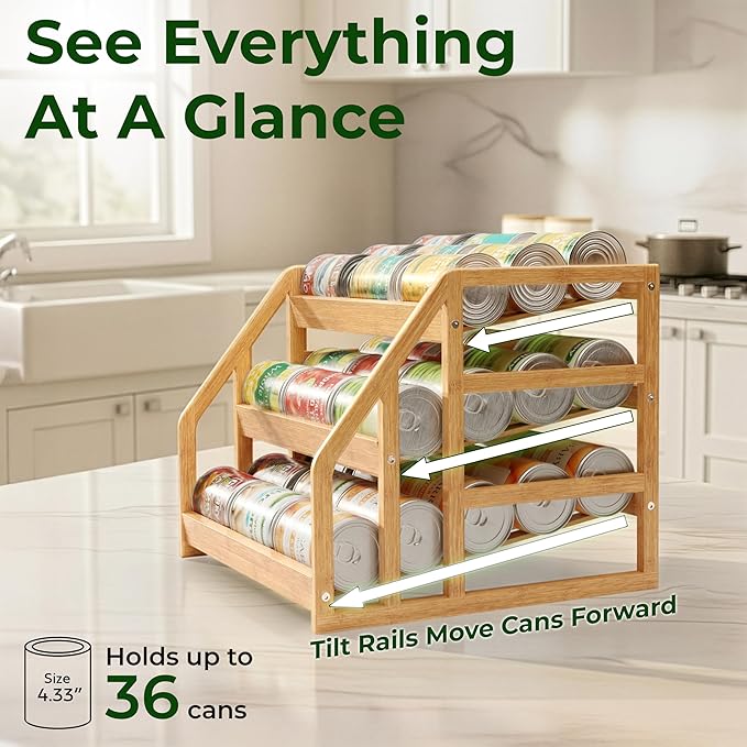 HOMESTEAD Bamboo Can Organizer for Pantry - 3 Tier Rack with Adjustable Dividers, Gravity Feed Canned Goods Organizer, 36 Cans Soda Storage