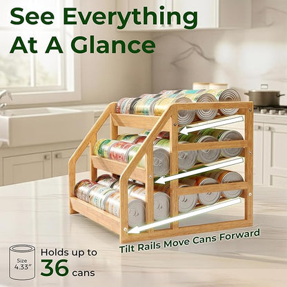 HOMESTEAD Bamboo Can Organizer for Pantry - 3 Tier Rack with Adjustable Dividers, Gravity Feed Canned Goods Organizer, 36 Cans Soda Storage