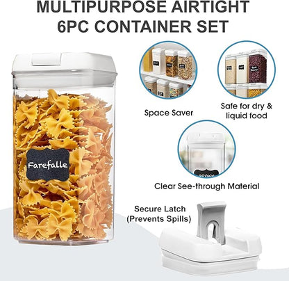 Shazo Airtight Food Storage Containers with Lids - 6 PC BPA Free Clear Plastic Cereal Containers with Easy Lock Lids for Kitchen and Pantry Organization for Snacks and Pasta - 1.2 L