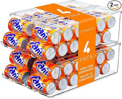 SCAVATA 4 Pack Soda Can Organizer for Refrigerator, Stackable Canned Food Pop Cans Container Can Holder Dispenser with Lid for Fridge Rack Freezer, Clear Storage Bins-Holds 12 Cans Each (Transparent)