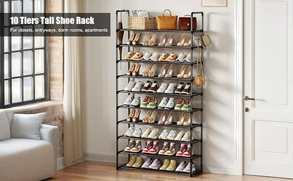 Shoe Rack, 10 Tier Shoe Storage Organizer with Hooks,Fit 40-45 Pairs Shoes,Metal Tall Shoe Shelf for Closet Entryway, Space Saving Tower for Living Room Hallway