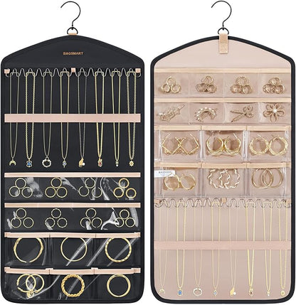 BAGSMART Hanging Jewelry Organizer with Hanger Metal Hooks Double-Sided Jewelry Holder for Organizing Earrings Necklaces Rings Perfect for in Hanging Closet, Wall, Door, 1 Piece, M, Black