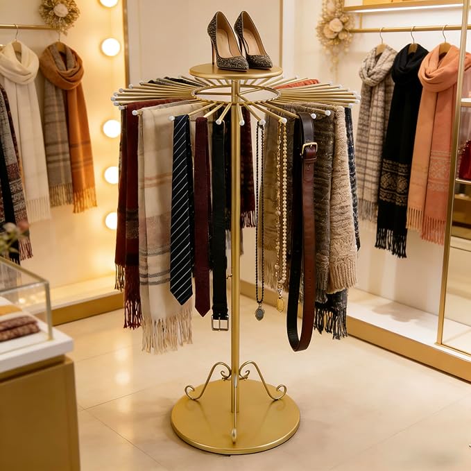 Gold 360°Rotating Scarf Display Tie Rack Belt Hanger Shawl Hijab Stand, Boutique Retail Display Stand Home Organizer Holder for Commercial Clothing Store, Bedroom(49.2in, 30 Hanging Rods)