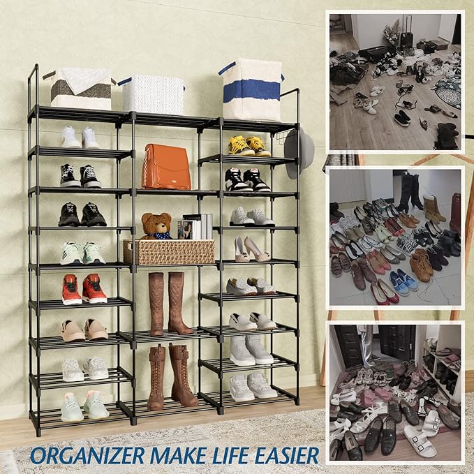 9 Tier Shoe Rack Shoe Storage Organizer Large Shoe Shelf for Entryway with Side Hooks, 50-55 Pairs Metal Shoe Racks Shoe and Boots Shelf for Closet