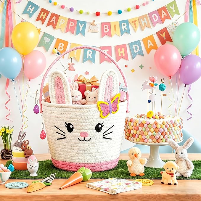 Small Woven Storage Basket with Handle, Cute Bunny Baskets for Gift Empty, Cotton Rope Storage Basket for Toy Organizer