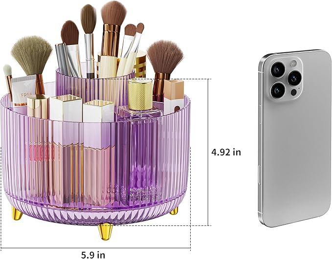 Clear Rotating Makeup Organizer Countertop for Vanity, 360° Makeup Brush Holder Organizer with 5 Compartments, Transparent Cosmetic Storage for Lipstick, Skincare, Bathroom Counter(Transparent Purple)