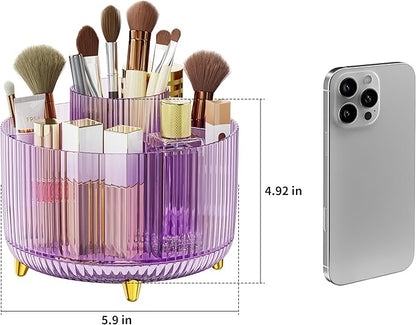 Clear Rotating Makeup Organizer Countertop for Vanity, 360° Makeup Brush Holder Organizer with 5 Compartments, Transparent Cosmetic Storage for Lipstick, Skincare, Bathroom Counter(Transparent Purple)