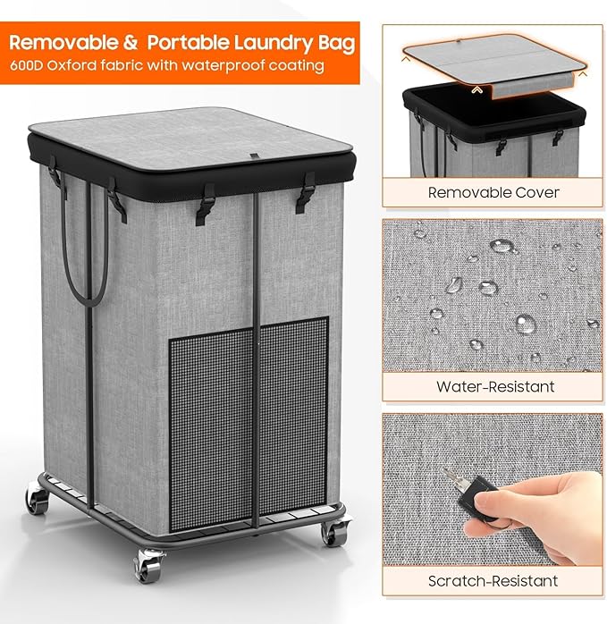 160L Laundry Hamper with Lid, Rolling Laundry Basket with Wheels, Large & Tall Dirty Clothes Hamper with Metal Frame and Removable Bag for Bedroom Aesthetic, Laundry Room, Bathroom, Dorm-Grey