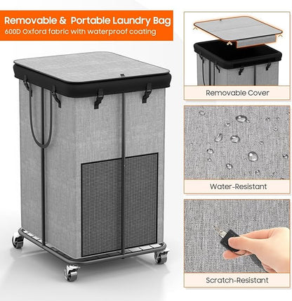 160L Laundry Hamper with Lid, Rolling Laundry Basket with Wheels, Large & Tall Dirty Clothes Hamper with Metal Frame and Removable Bag for Bedroom Aesthetic, Laundry Room, Bathroom, Dorm-Grey