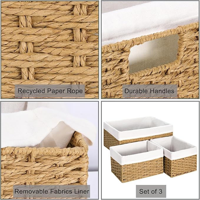 Vagusicc Wicker Storage Basket, 3-Pack Woven Paper Rope Wicker Baskets with Handles, Large Wicker Basket Cube Storage Bins with Liners, Storage Baskets for Organizing Shelves & Decor, Natural
