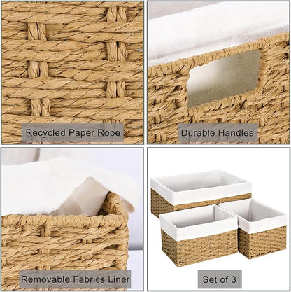 Vagusicc Wicker Storage Basket, 3-Pack Woven Paper Rope Wicker Baskets with Handles, Large Wicker Basket Cube Storage Bins with Liners, Storage Baskets for Organizing Shelves & Decor, Natural
