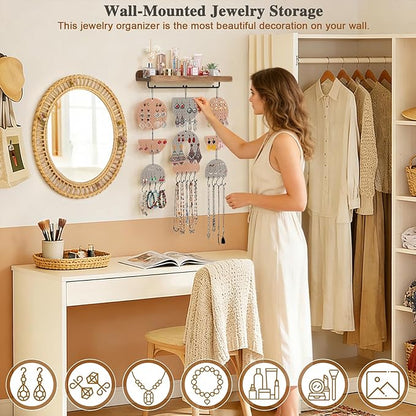 Keebofly Wall Mounted Jewelry Organizer, Boho Hanging Earring Holder with Wood Shelf & Necklace Hooks, Acrylic Pegboard Earring Display Rack for 100+ Pairs Studs, Hoops & Dangles, Decorative Storage