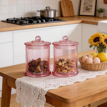 Ronasip Qtip Holder & Cotton Pad Dispenser, Bathroom Organizer and Storage Canisters, 16oz Glass Apothecary Jars for Kitchen, Restroom - Home Decor Accessories, Room Decor Aesthetic (2 Pack, Pink)