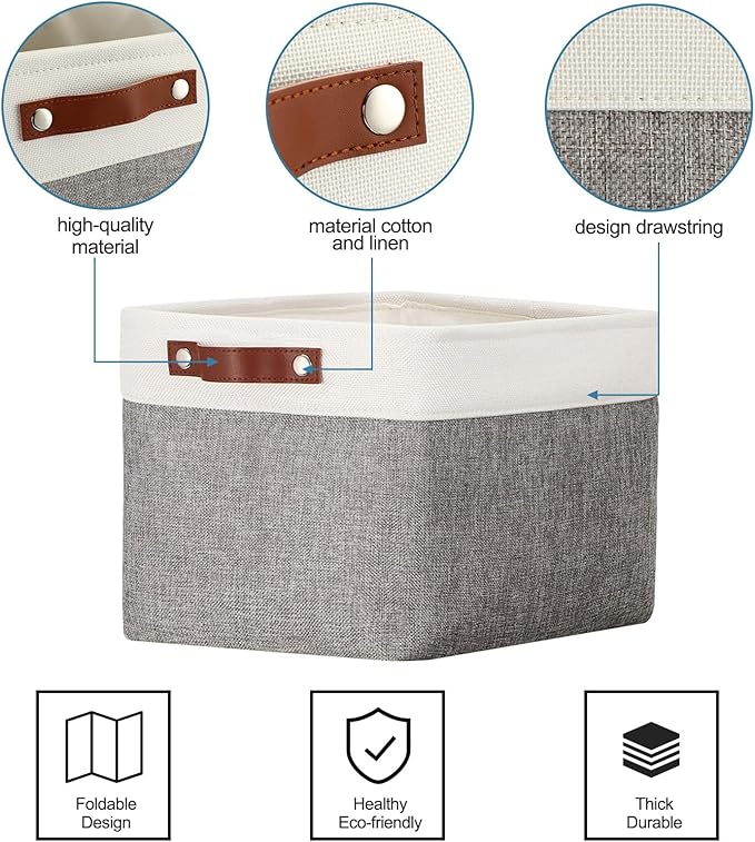 Uiifan 10 Pcs Collapsible Storage Bins Fabric Foldable Storage Basket with Handles Cloth Organizer Linen Shelf Baskets for Shelves Home Closet Nursery Toys(16 x 12 x 10 Inch,Gray and White)