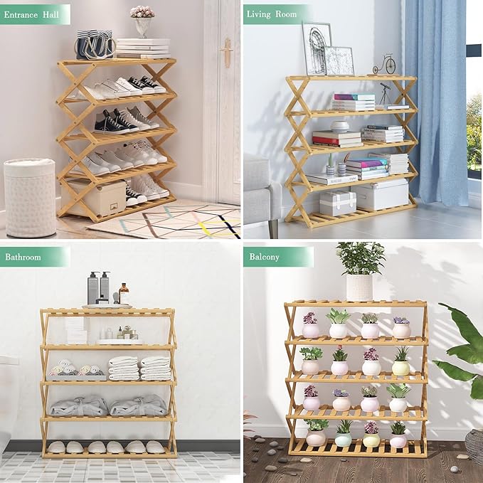 5 Tier Bamboo Shoe Rack,Portable Folding Shoe Storage Rack,Without Installation Small Shoe Rack Perfect for Corridors, Bedrooms and Small Spaces (5 Tier)