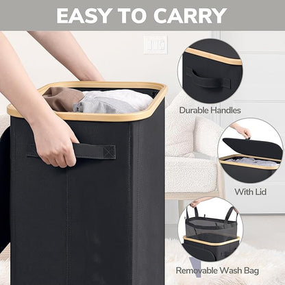 Goodpick Laundry Basket with Wheels, 100L Rolling Laundry Hamper with Lid Clothes Hampers with Removable Wash Bag Large Clothes Basket for Bedroom, Bathroom, Black