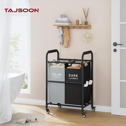 Tajsoon 2 Bag Laundry Sorter Cart, Laundry Hamper Sorter Basket with Heavy Duty Lockable Rolling Wheels for Clothes Storage, Black & Grey