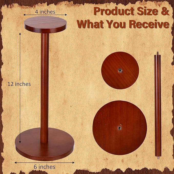 Weysat 4 Pack Wooden Hat Display Stand with Round Base Brown Rustic Vintage Hat Rack Holder for Wig Cap Helmet Boutique Jewelry Organizer for Home Store Tabletop Shelf Decor, 12 x 6 x 4 Inches