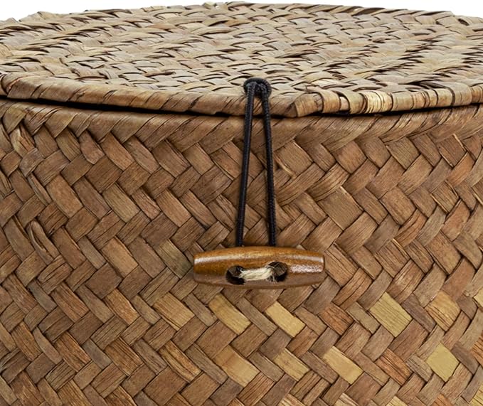 Seagrass Handmade Basket with Lid, Small Round Basket for Storage, Decorative Home Organizer Decor(7"L x 7"W x 5"H, Coffee)