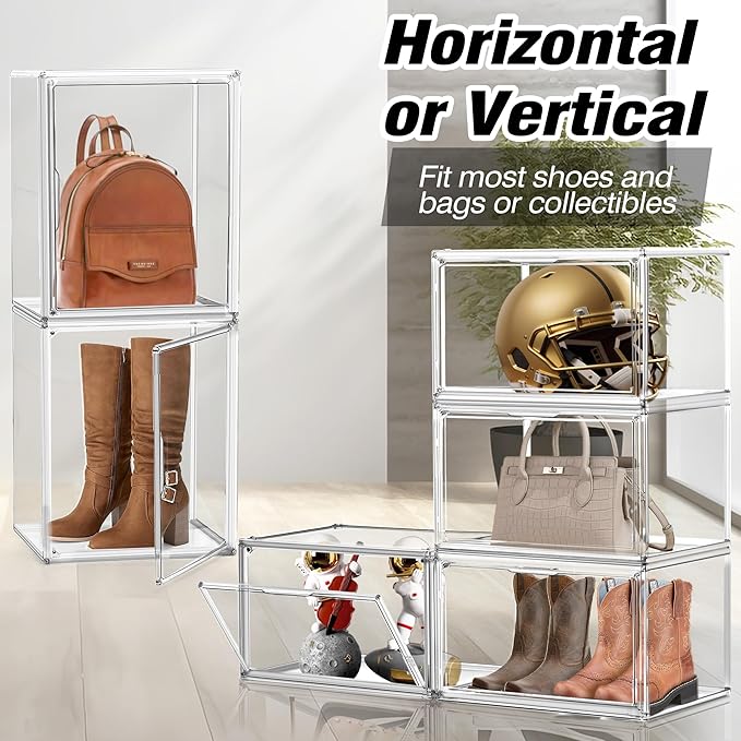 1 Pack 17''x13''x13'' Clear Big Shoe Display Case, XXX-Large Extra Large Acrylic Display Case with A Divider Stackable Boot & Shoe Boxes Large Showcase for Helmet, Figures Collectibles