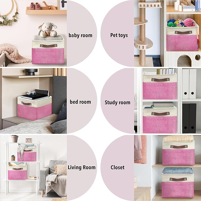 Simple Houseware 15" x 11" Large Fabric Storage Bin for Closet and Shelves, Leather Like Handles, 3 Pack, Pink