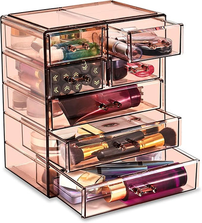 Sorbus Acrylic Makeup Organizer Set, 7-Drawer Vanity & Countertop Cosmetic Storage with Small & Wide Drawers, Bronze Glow Makeup Storage for Brushes, Lipsticks, Jewelry, Holiday Gift for Women & Teens