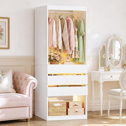 HUAHUU Freestanding 2FT Closet System with 3 Wood Drawers & Glasstop, 24" Closet Organizer System with Hanging Rod & LED Lights, Walk-in Closet Systems for Small Closets, White (24"L x 16" W x 80" H)