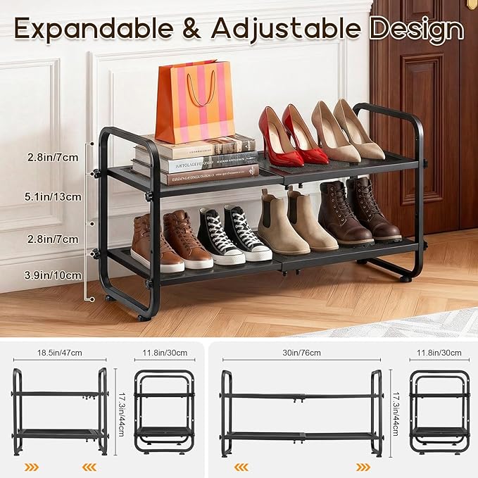 Expandable Shoe Rack for Closet - Shoe Organizer for Entryway, Adjustable Metal Shoe Storage, Stackable Long Shoe Stand Holder for Garage, Hallway, Door Entrance (Black, 2 Tier)