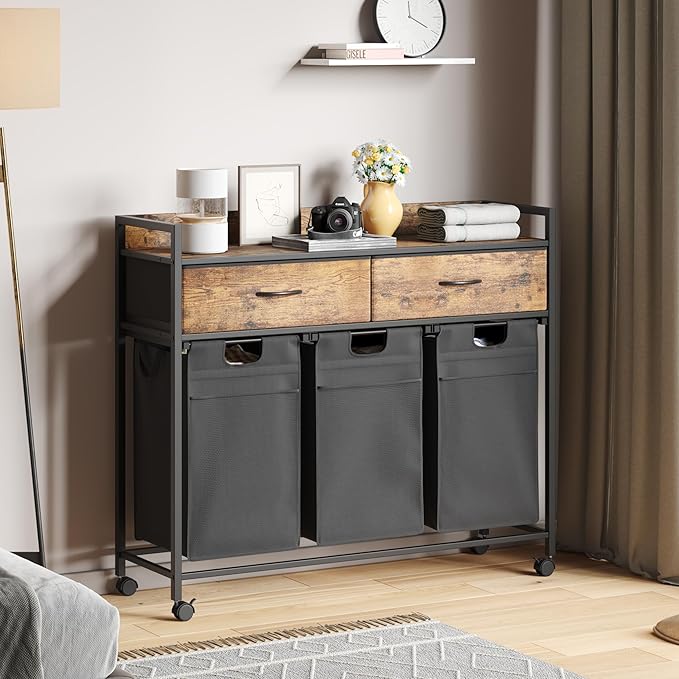 Mondeer Laundry Sorter with 2 Drawers, 150L with Pull-Out Removable Laundry Bags, Laundry Hamper Baskets with 3 Section and Wheels, Rustic Brown and Black
