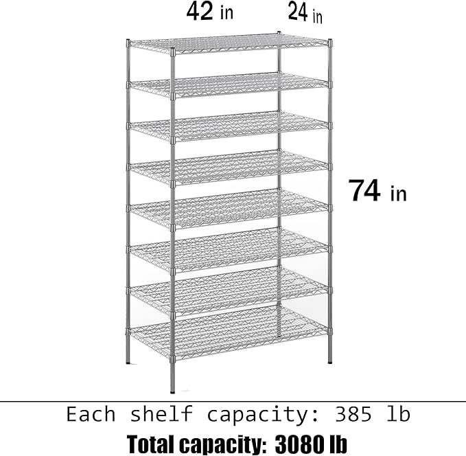 24" Deep x 42" Wide x 74" Height Wire Shelving Kit | 8-Tier | NSF Commercial Storage Rack Unit
