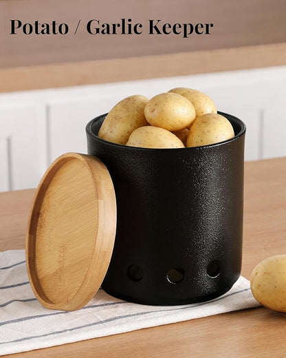 LoeJan 360° Rotating Ceramic Utensil Holder for Kitchen Countertop – Cooking Utensil Crock Organizer with Non-Slip Cork Base for Farmhouse Kitchen Decor, Textured Black