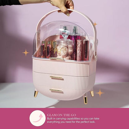Paris Hilton Makeup Storage Organizer with Lid, Cosmetics and Skincare Organizer for Vanity, Portable Makeup Storage Box for Countertop, Fluted Design with Gold Accents, Pink