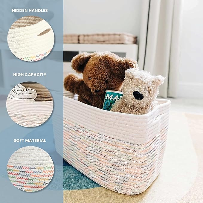 Rainbow Stitches Cotton Rope Basket for Shelf Storage - 15"×10"×9½" - Colorful Decorative Basket for Kids - Nursery, Playroom, Classroom - Toy Storage, Books, Towels