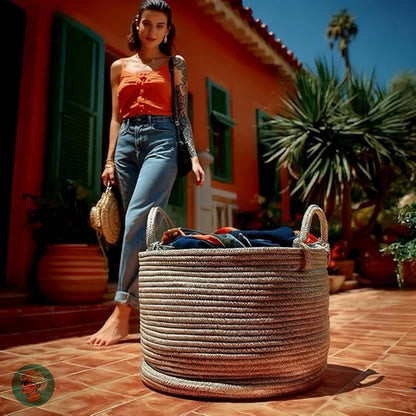 Modern Granny Small Cotton Rope Laundry Basket 16x10 Inch Dual Secure Woven Handle for Living Room Closet Clothes Blanket Organization