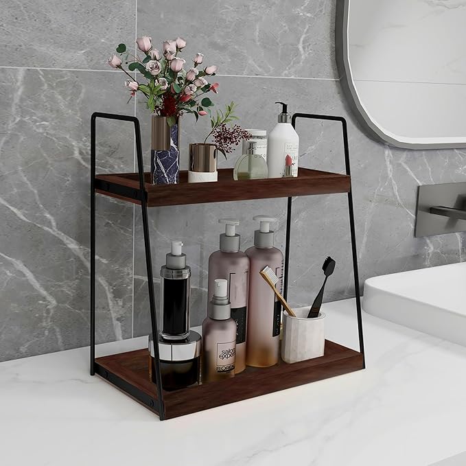 Dorhors 2 Tier Bathroom Counter Organizer Storage,Vanity Organizer for Bathroom Counter,Wood Standing Rack for Kitchen(Walnut)