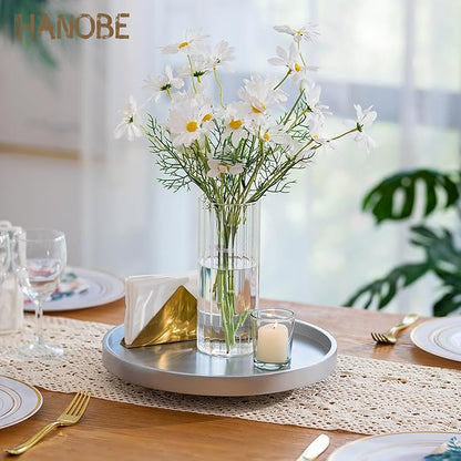 Hanobe Lazy Susan Bathroom Tray: Decorative Round Table Centerpieces 12 inch Turntable Organizer for Countertop Dining Room Kitchen Pantry Champagne Sliver