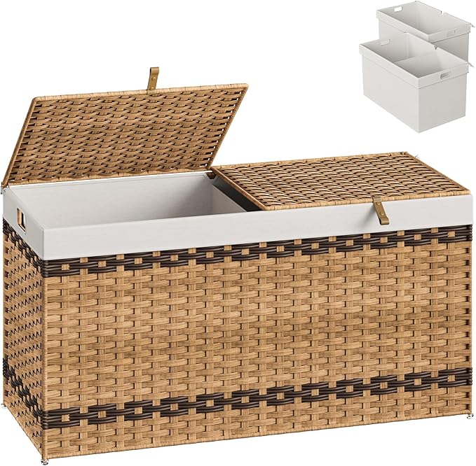 HOOBRO Storage Basket with Lid, 52.8 Gallon (200L) Wicker Storage Basket with 2 Separate Lid, Blanket Storage Bin with 2 Removable Liner Bags, for Bedroom, Laundry, Natural and Brown NL277CW01