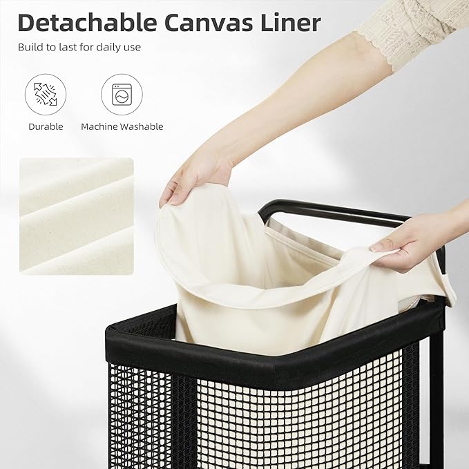 STORAGE MANIAC Rolling Laundry Cart with Wheels 37.4"H Laundry Hamper with Removable and Washable Canvas Liner Heavy Duty Laundry Basket Sorter Utility Cart Steel Frame for Clothes & Groceries, Beige