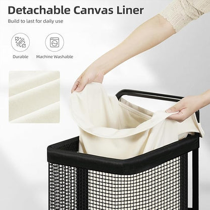 STORAGE MANIAC Rolling Laundry Cart with Wheels 37.4"H Laundry Hamper with Removable and Washable Canvas Liner Heavy Duty Laundry Basket Sorter Utility Cart Steel Frame for Clothes & Groceries, Beige