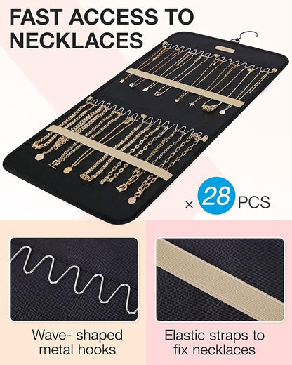 BAGSMART Hanging Jewelry Organizer Storage Roll with Hanger Metal Hooks Double-Sided Jewelry Holder for Earrings, Necklaces, Rings on Closet, Wall, Door, 1 piece, Medium, Black