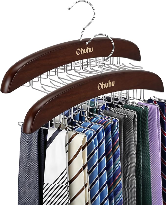 Tie Rack Hanger for Closet: Ohuhu 2 Packs 24 Folding Hooks Tie Hangers for Men Wooden Tie Holder Organizer Space Saving Necktie Storage 360 Degree Rotating Ties Belts Scarves Tank Tops-Walnut